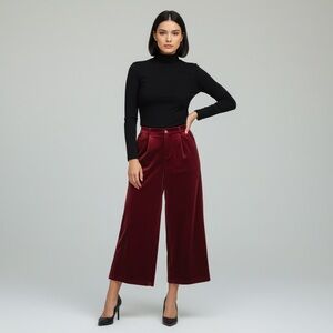 Red Velvet Cropped Wide Leg Trouser Pants, XL New